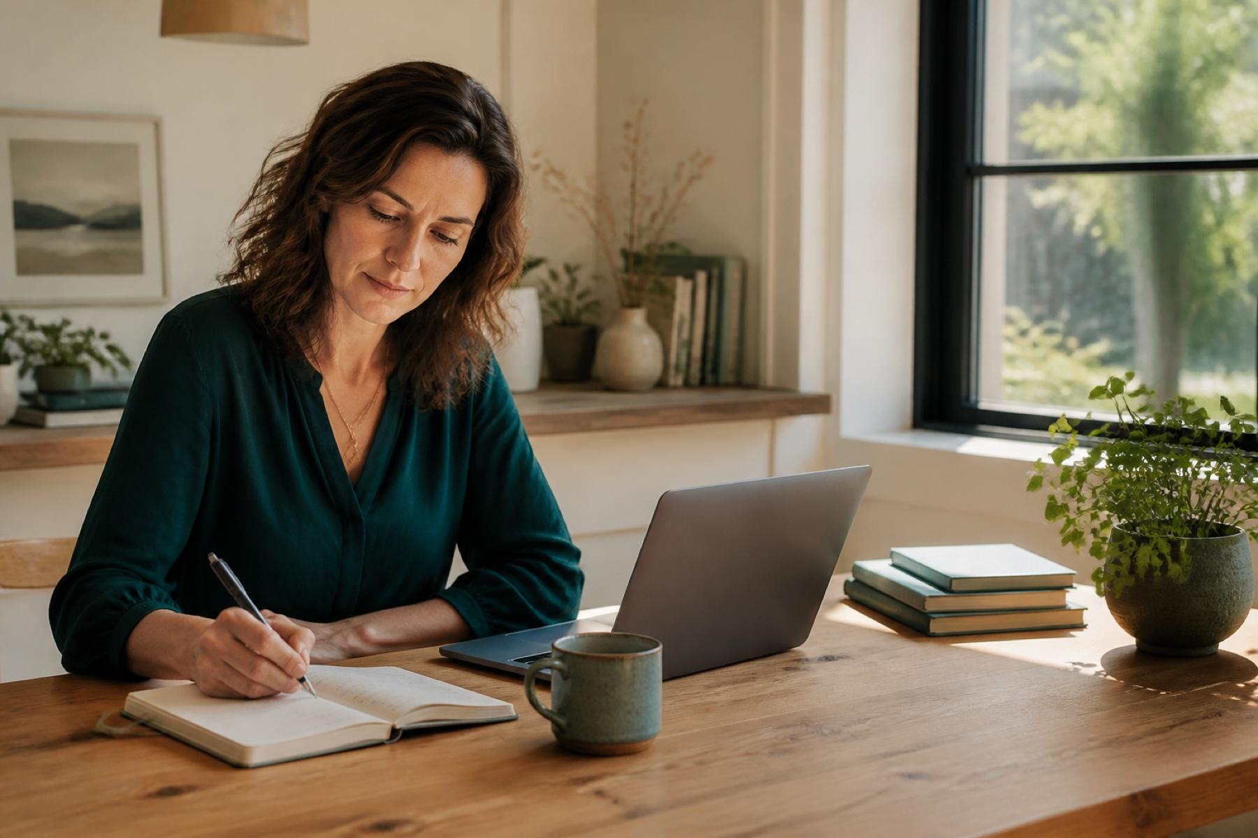 A woman doing focused, meaningful work quietly from home