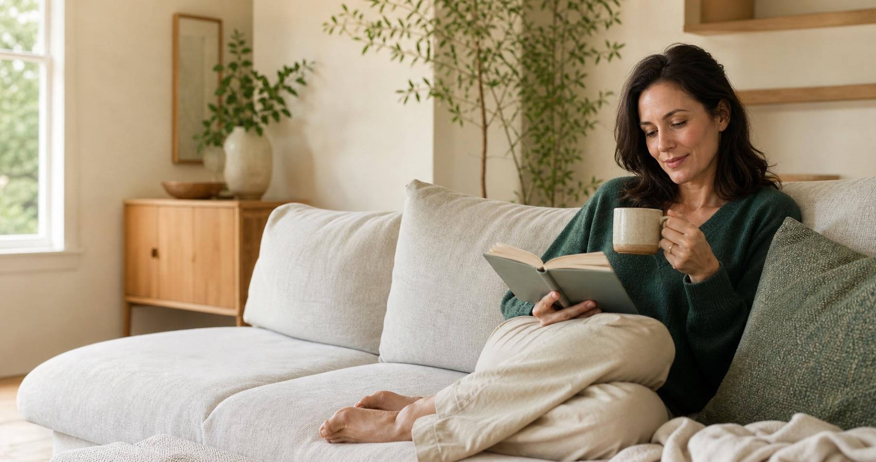 A woman enjoying a quiet morning at home with a book and a cup of tea