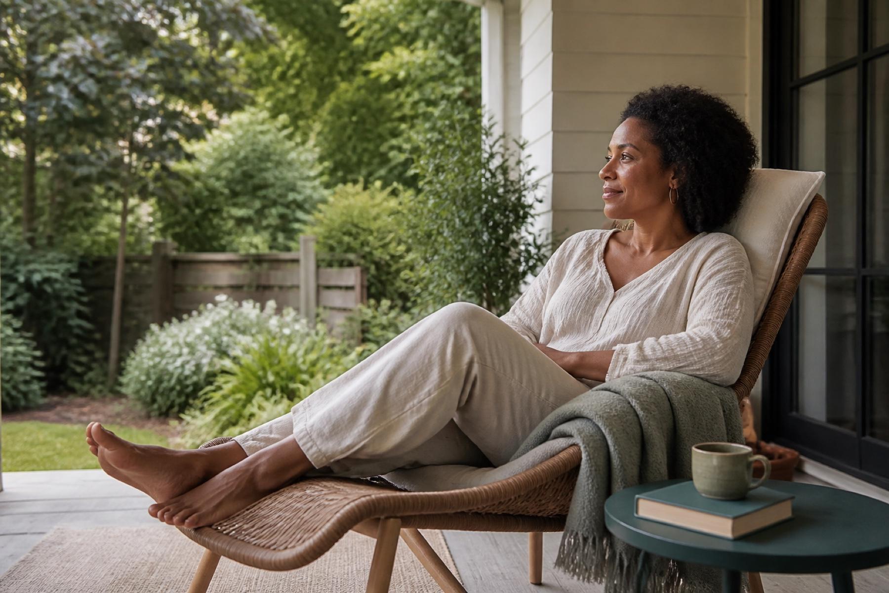 A woman resting quietly on her porch at home