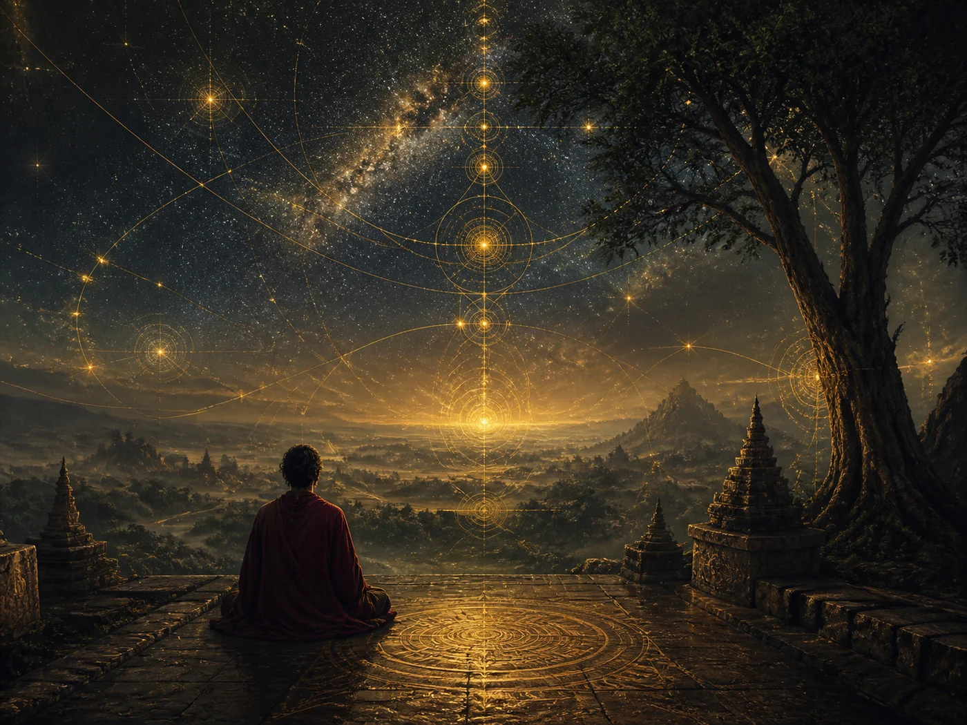 A figure contemplating the living order of the universe beneath a golden cosmic sky