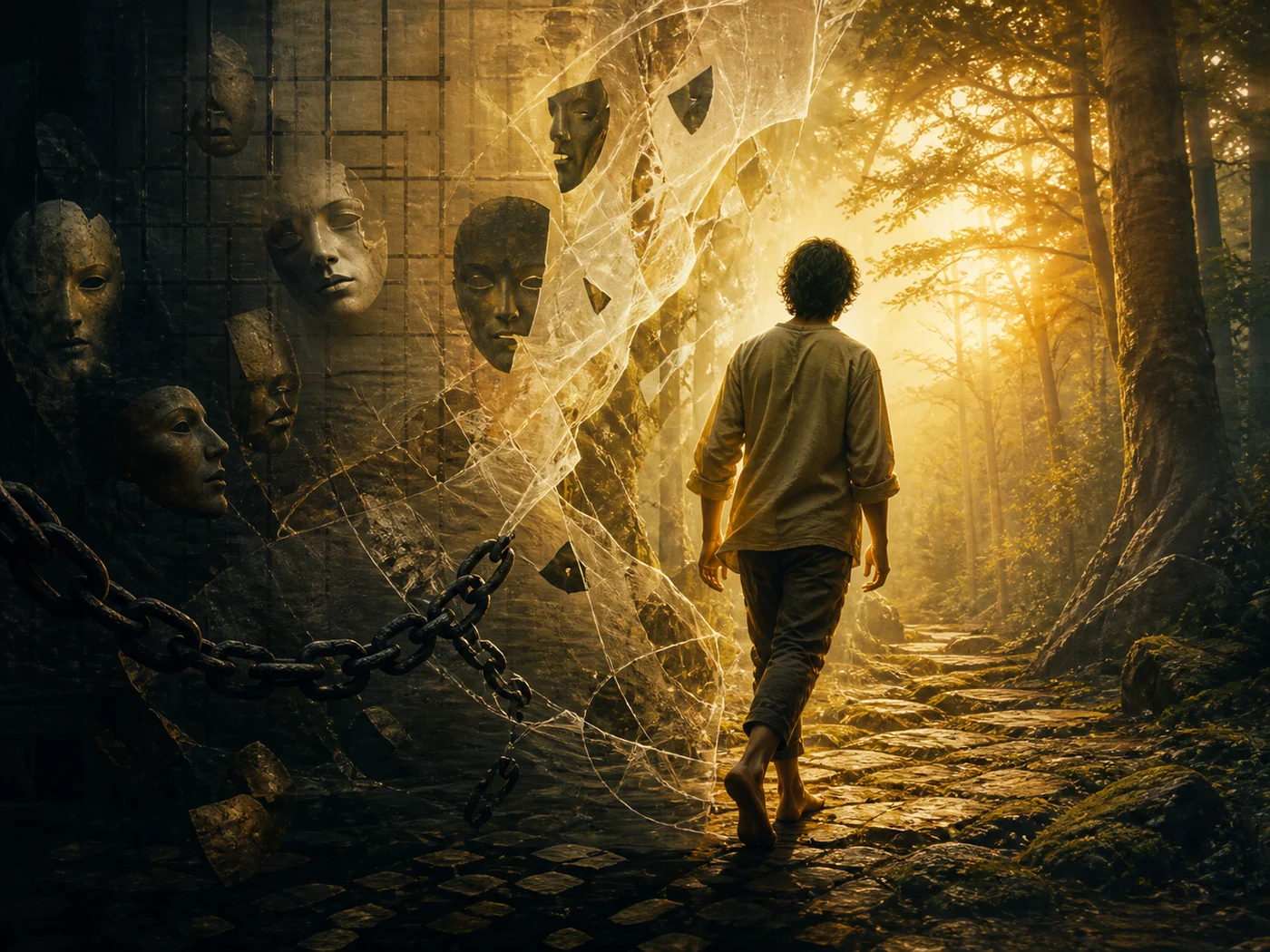 A person breaking through masks, chains, and illusion into a sunlit forest