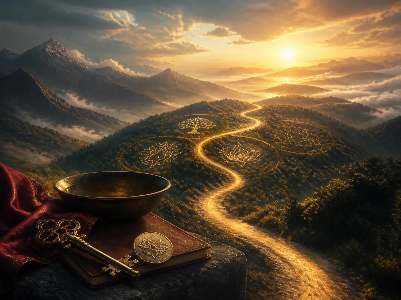 A golden path running through four circles toward a mountain sunrise