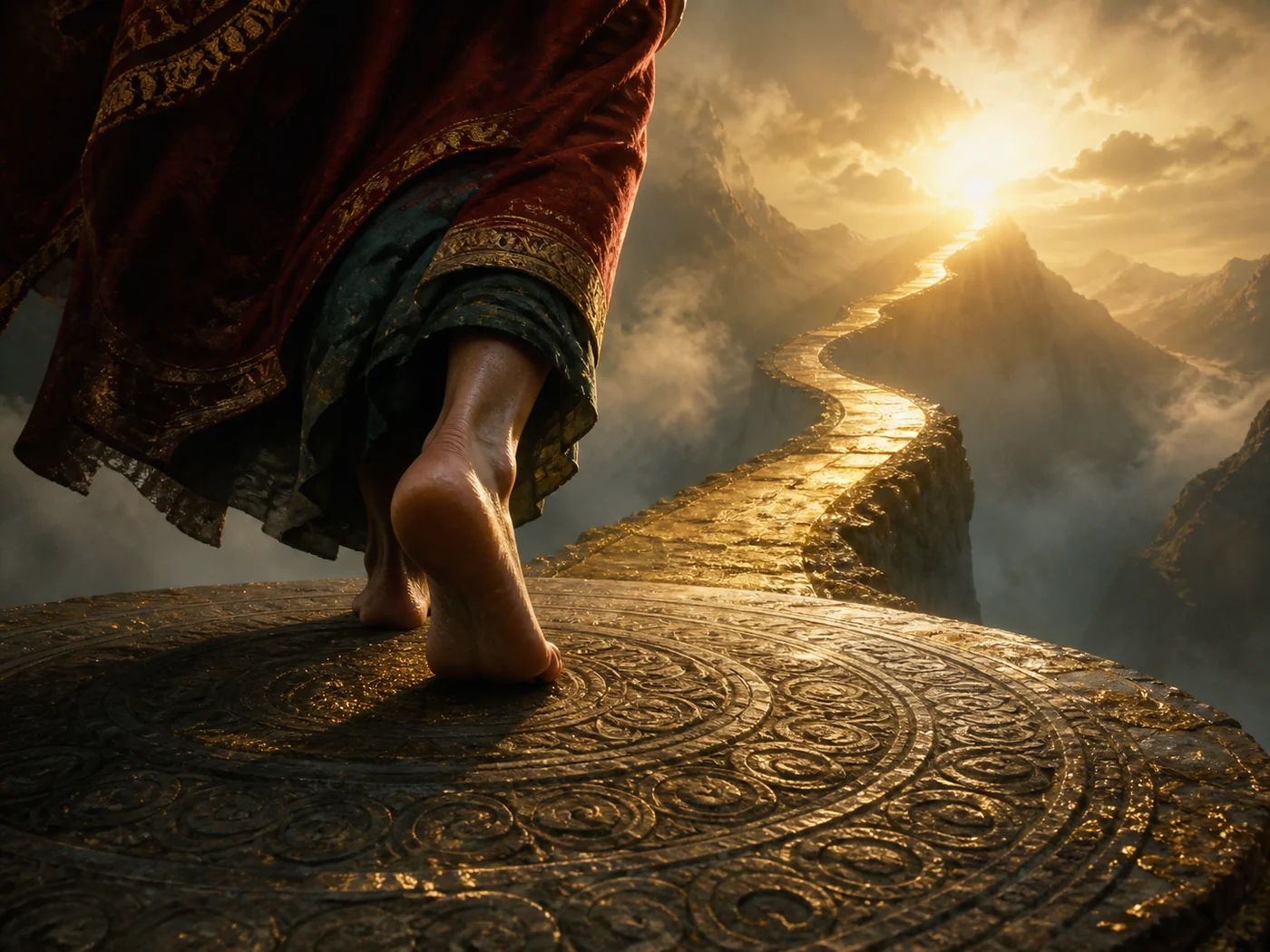 A person taking the first step onto a golden mountain path at sunrise