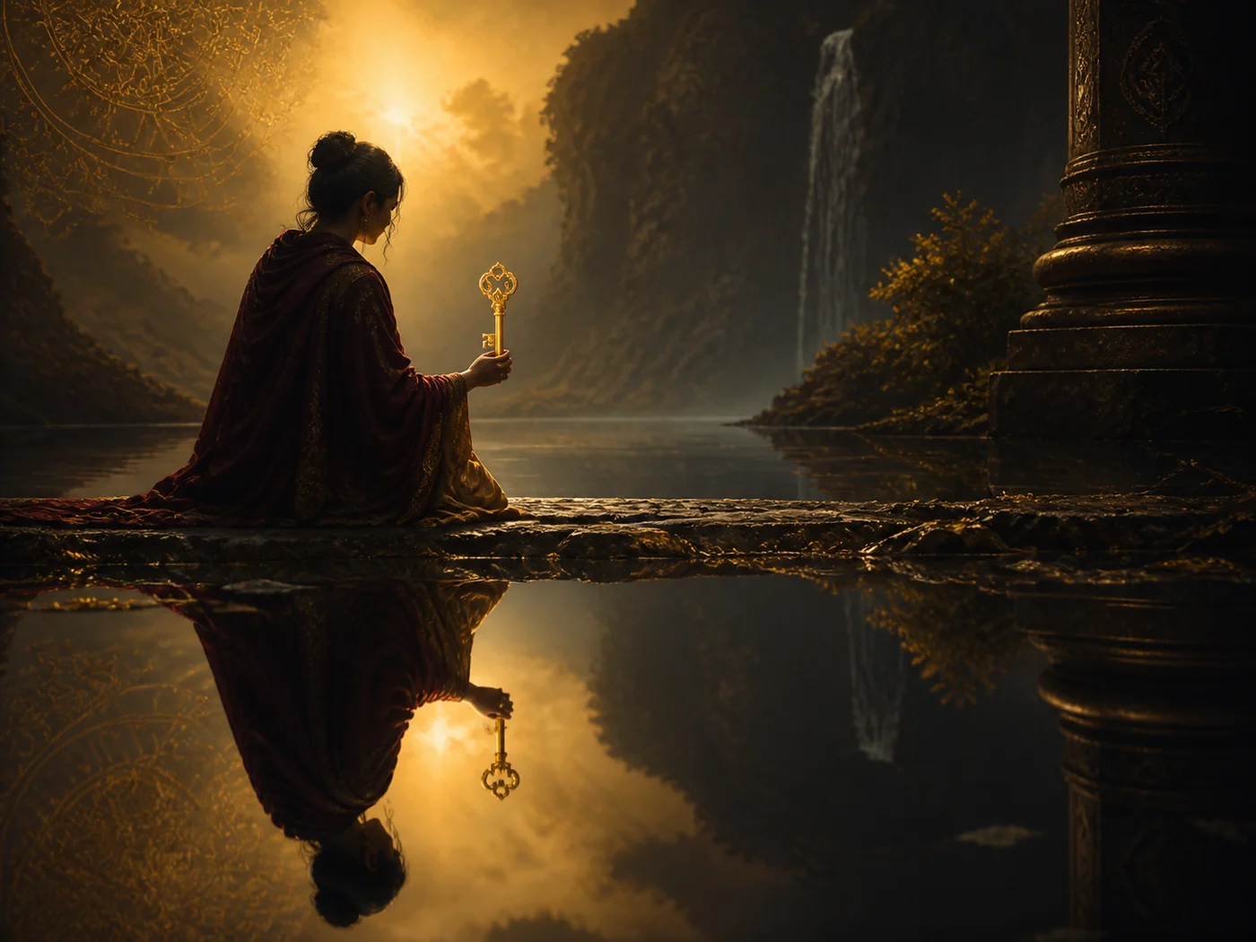 A self-possessed figure holding a unique golden key beside a still reflecting pool