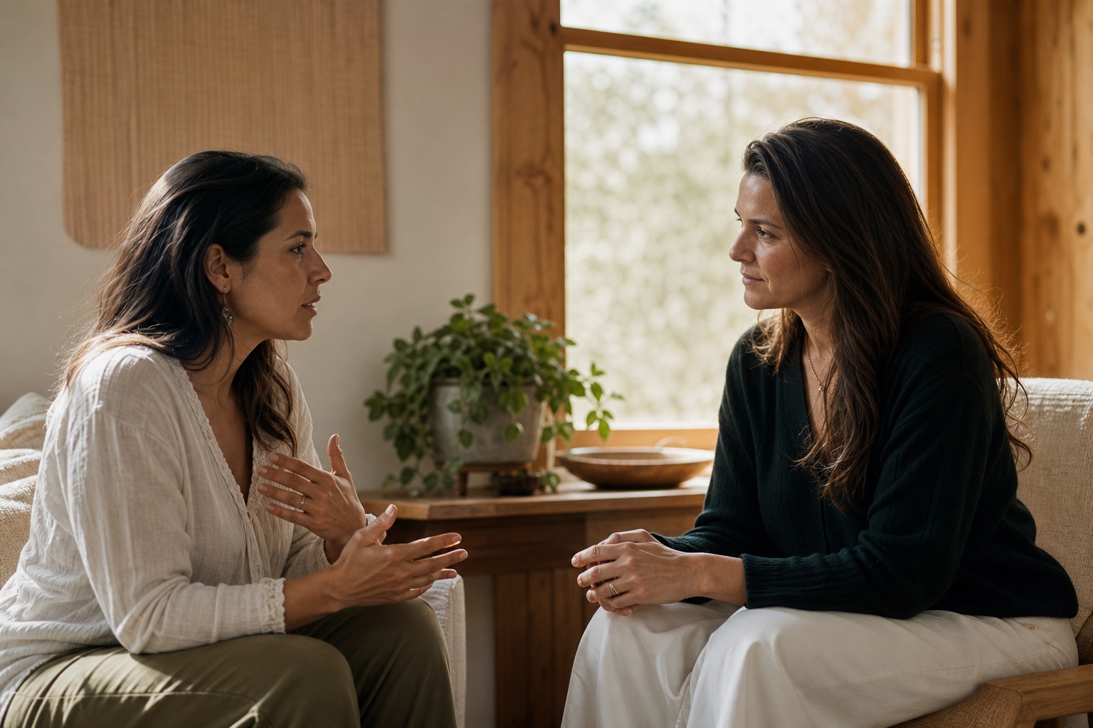 One woman giving her full attention while another shares in a warm, quiet room